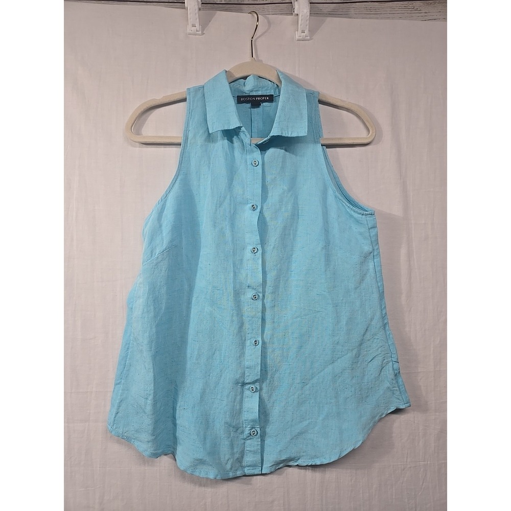 Boston Proper Linen Blend Collared Tank Women's Size XS Teal Fabric Button Up